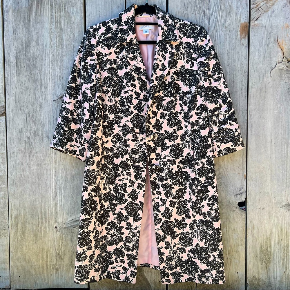 LOFT Ann Taylor rose patterned black pink crop sleeve button up lined long coat